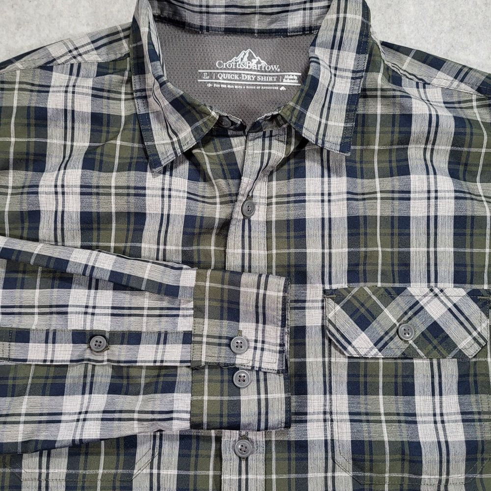Croft & Barrow Quick-Dry Mens Large Green Gray Plaid Long Sleeve Vented Shirt‎